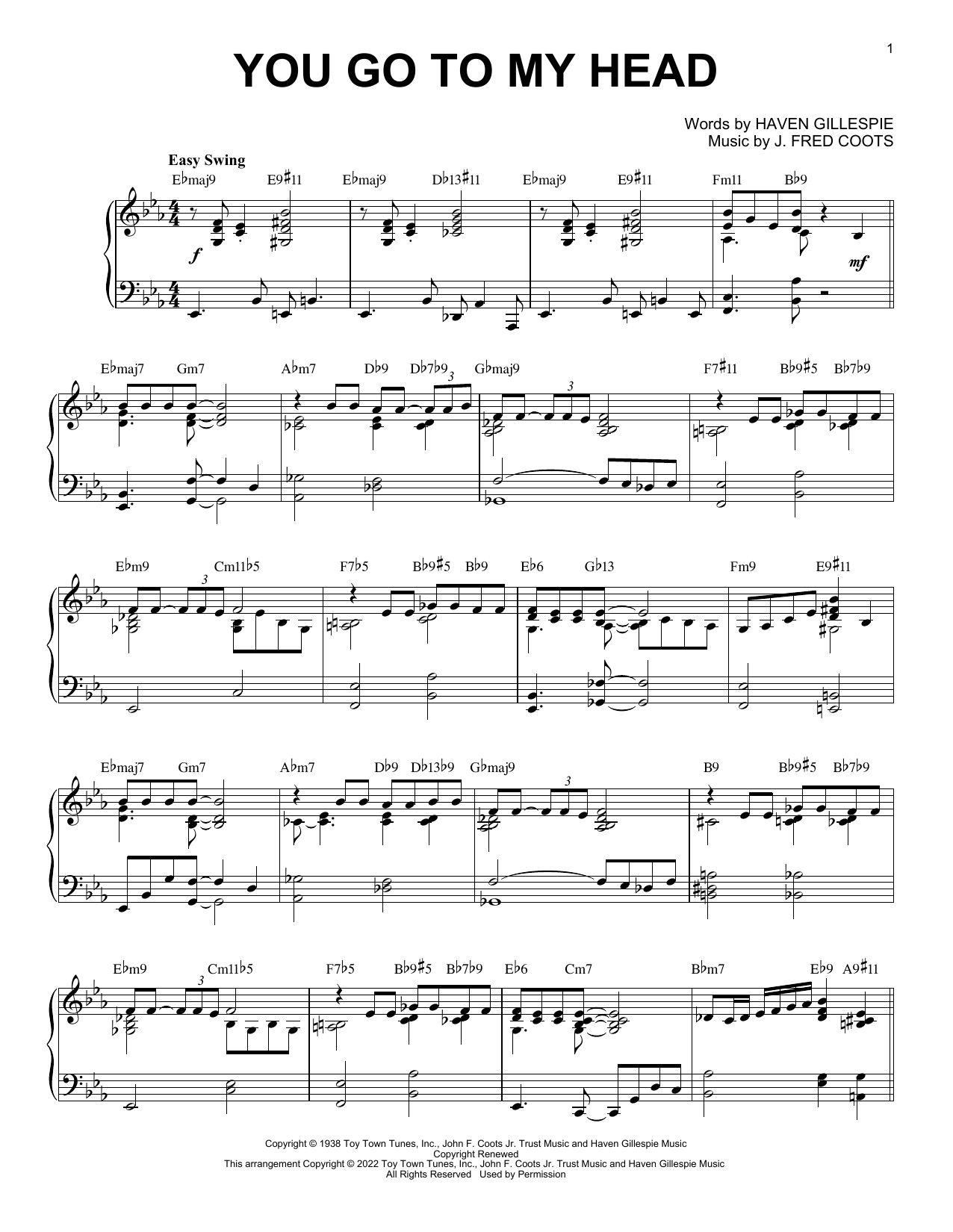 Haven Gillespie and J. Fred Coots You Go To My Head [Jazz version] (arr. Brent Edstrom) sheet music notes and chords arranged for Piano Solo