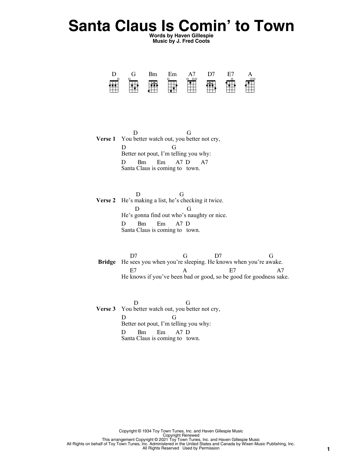 Haven Gillespie Santa Claus Is Comin' To Town (arr. Fred Sokolow) sheet music notes and chords arranged for Ukulele