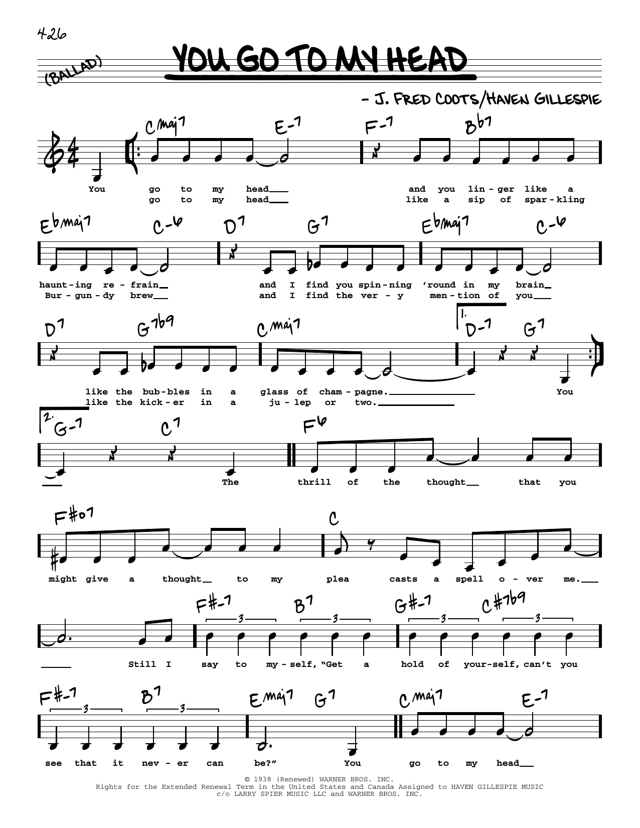 Haven Gillespie You Go To My Head (Low Voice) sheet music notes and chords arranged for Real Book – Melody, Lyrics & Chords