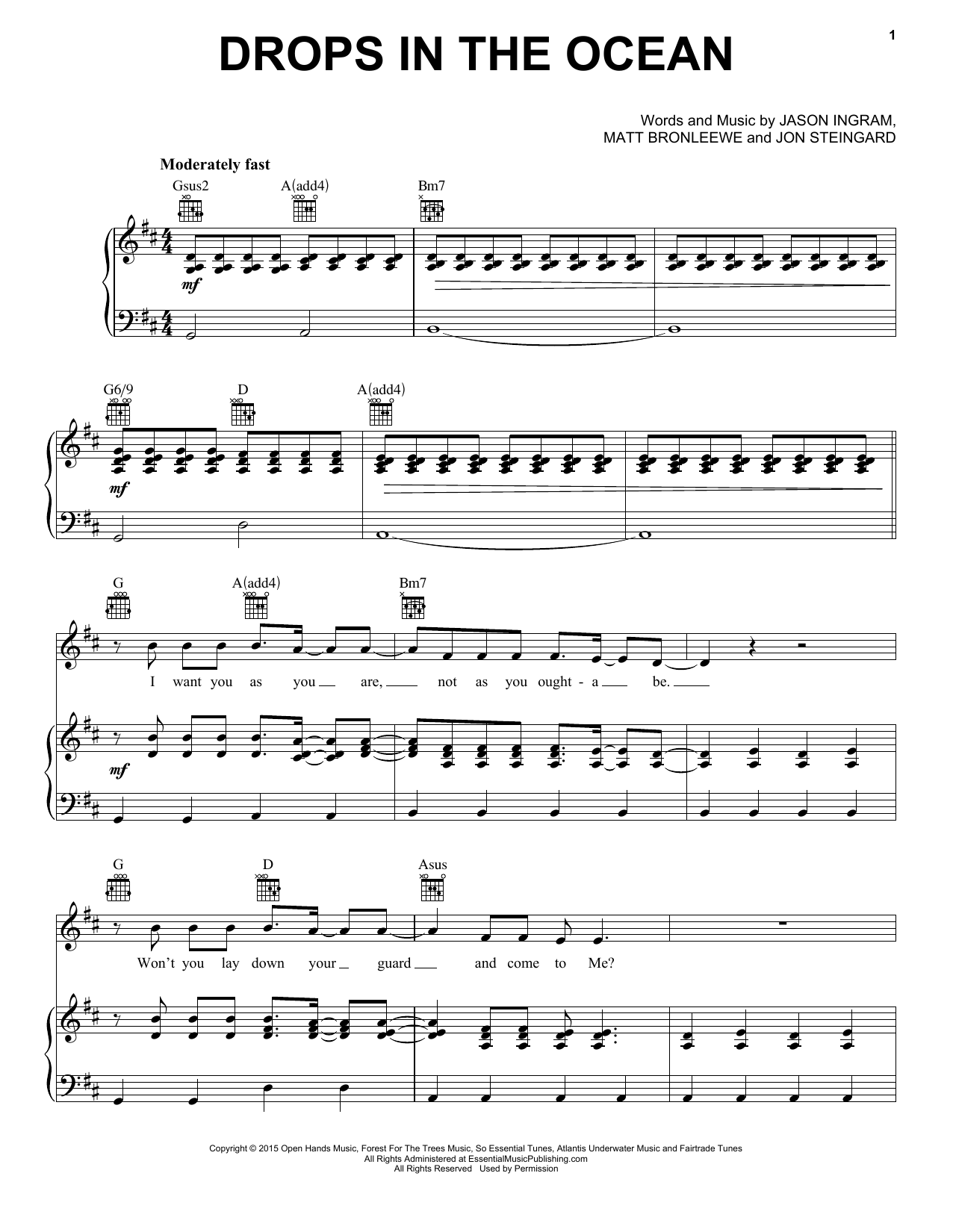 Hawk Nelson Drops In The Ocean sheet music notes and chords arranged for Piano, Vocal & Guitar Chords (Right-Hand Melody)