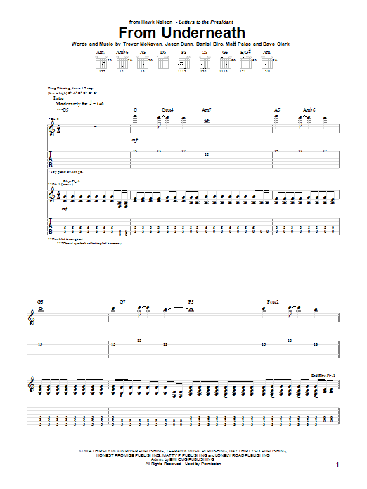 Hawk Nelson From Underneath sheet music notes and chords arranged for Guitar Tab