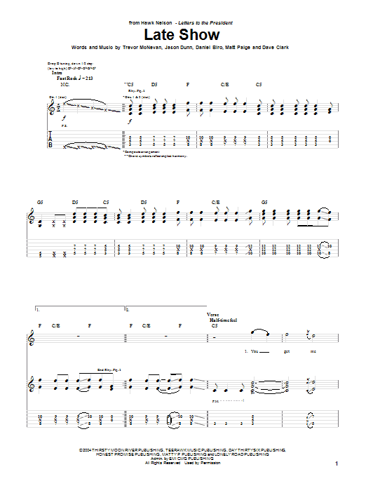 Hawk Nelson Late Show sheet music notes and chords arranged for Guitar Tab