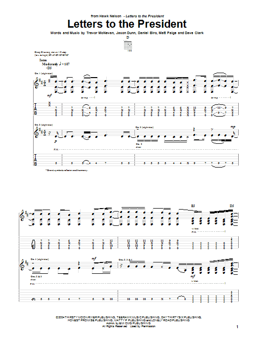 Hawk Nelson Letters To The President sheet music notes and chords arranged for Guitar Tab