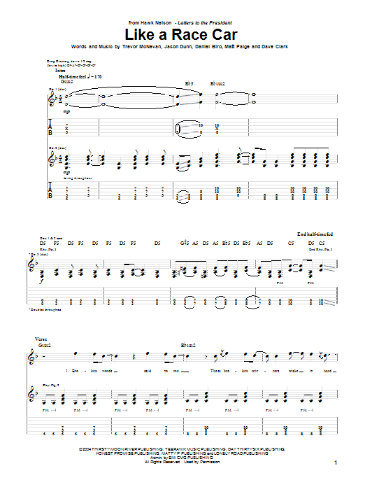 Hawk Nelson Like A Race Car sheet music notes and chords arranged for Guitar Tab