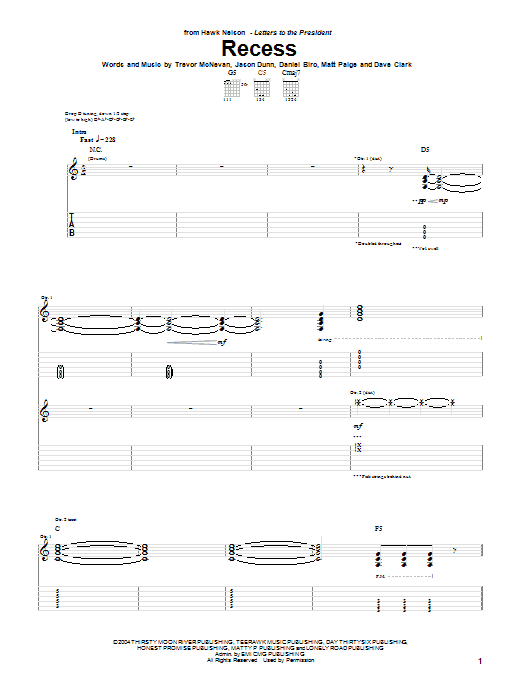 Hawk Nelson Recess sheet music notes and chords arranged for Guitar Tab