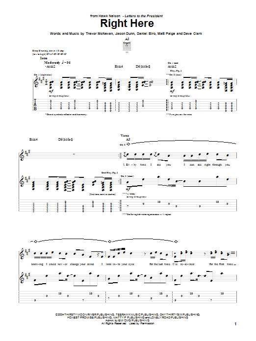 Hawk Nelson Right Here sheet music notes and chords arranged for Guitar Tab