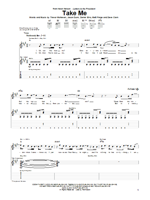 Hawk Nelson Take Me sheet music notes and chords arranged for Guitar Tab