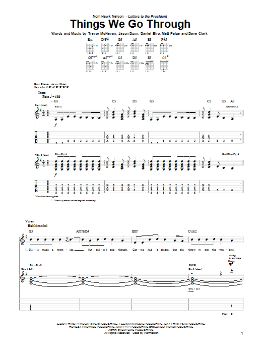 Hawk Nelson Things We Go Through sheet music notes and chords arranged for Guitar Tab