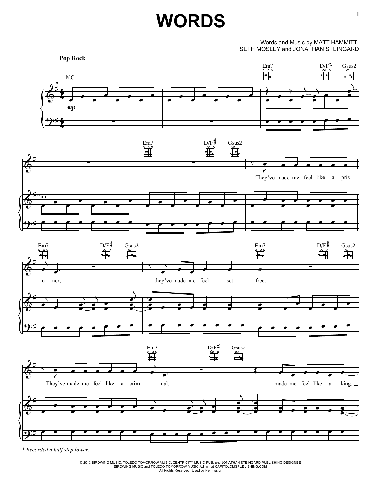 Hawk Nelson Words sheet music notes and chords arranged for Piano, Vocal & Guitar Chords (Right-Hand Melody)