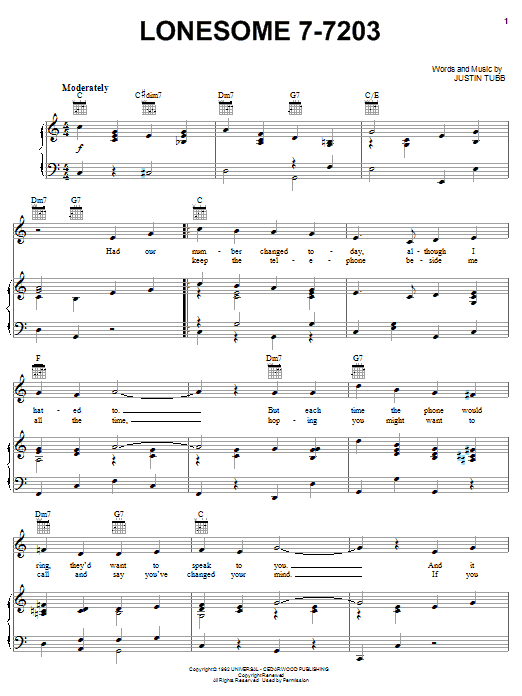 Hawkshaw Hawkins Lonesome 7-7203 sheet music notes and chords arranged for Piano, Vocal & Guitar Chords (Right-Hand Melody)
