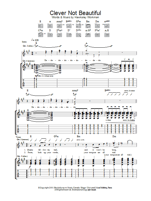 Hawksley Workman Clever Not Beautiful sheet music notes and chords arranged for Guitar Tab
