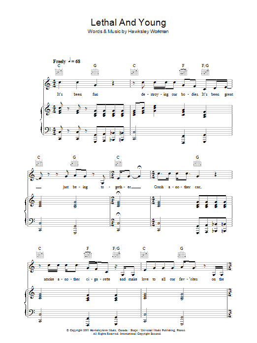 Hawksley Workman Lethal And Young sheet music notes and chords arranged for Piano, Vocal & Guitar Chords