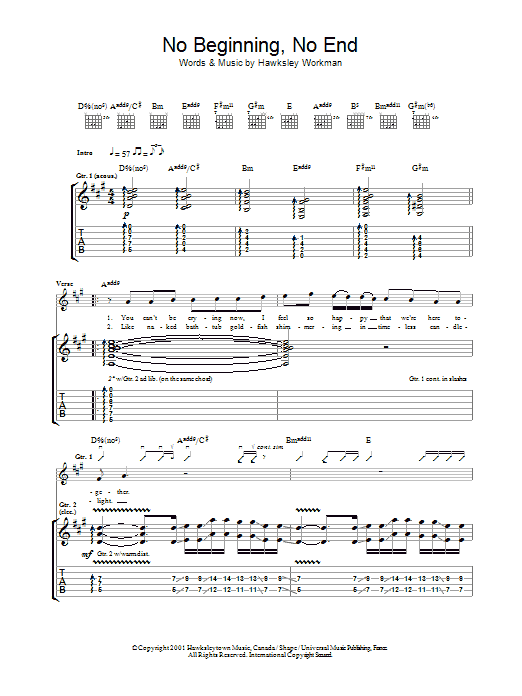 Hawksley Workman No Beginning No End sheet music notes and chords arranged for Guitar Tab