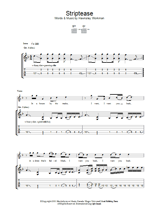 Hawksley Workman Striptease sheet music notes and chords arranged for Guitar Tab