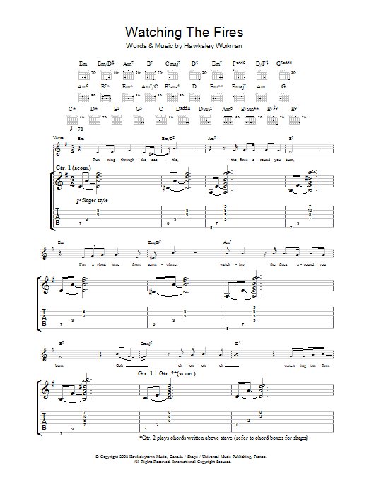 Hawksley Workman Watching The Fires sheet music notes and chords arranged for Guitar Tab