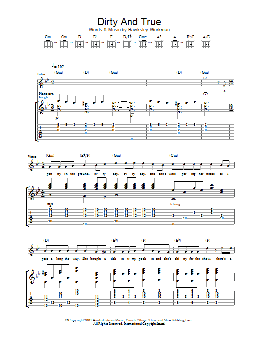 Hawksley Workman Dirty And True sheet music notes and chords. Download Printable PDF.