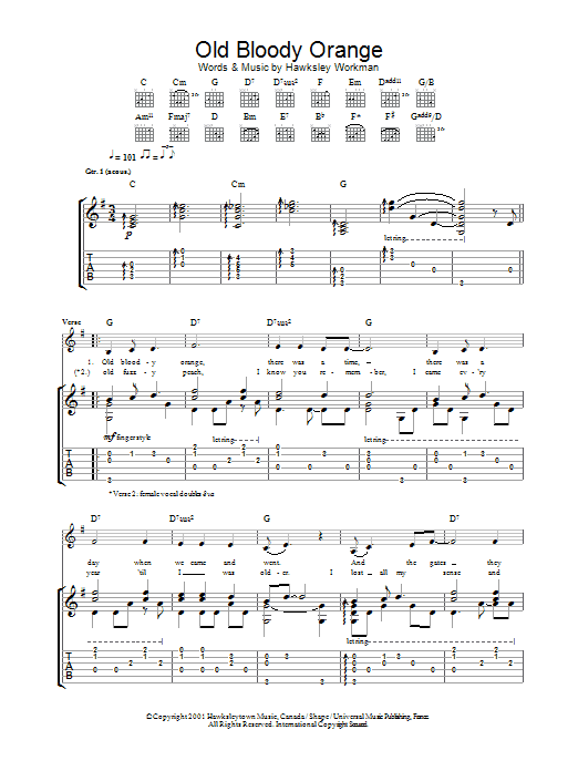 Hawksley Workman Old Bloody Orange sheet music notes and chords. Download Printable PDF.