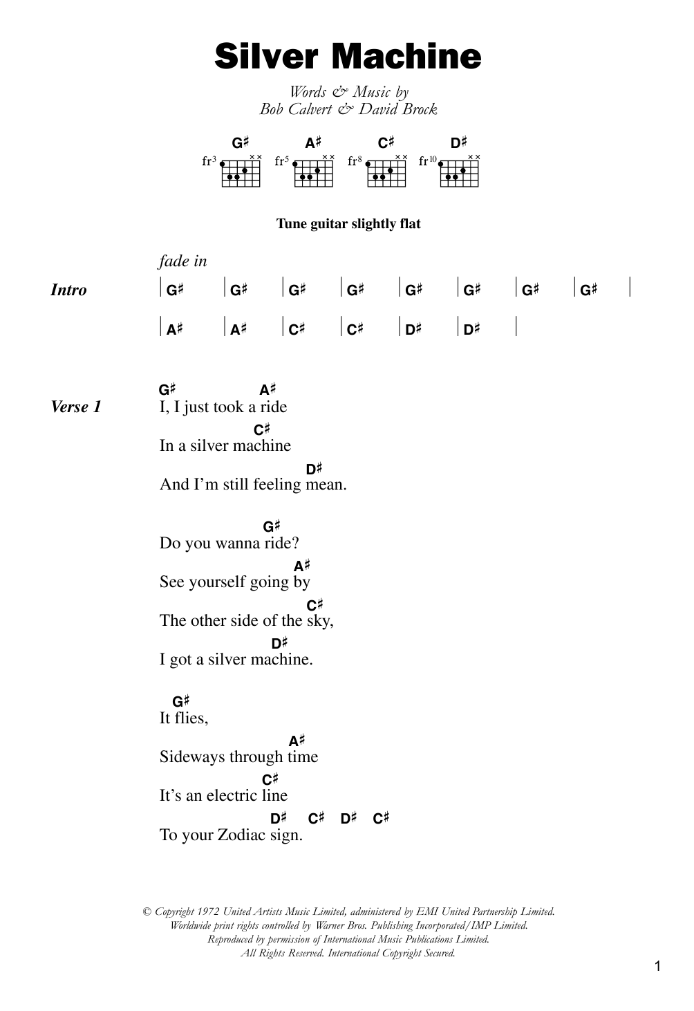 Hawkwind Silver Machine sheet music notes and chords arranged for Guitar Chords/Lyrics