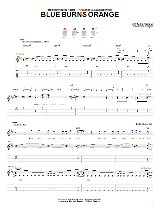 Hawthorne Heights Blue Burns Orange sheet music notes and chords arranged for Guitar Tab