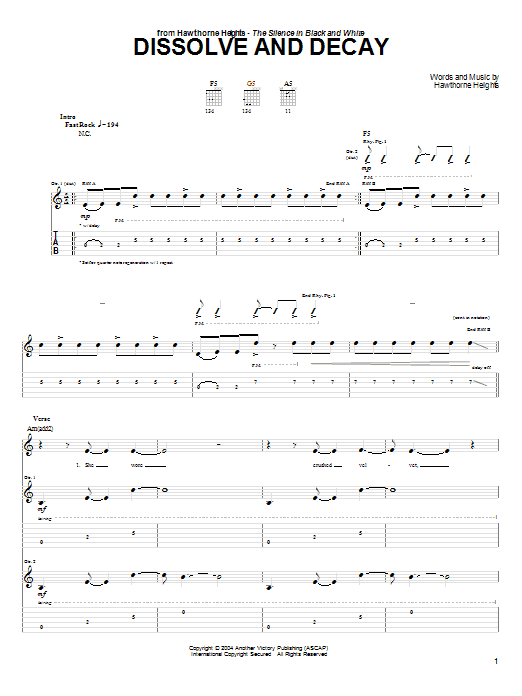 Hawthorne Heights Dissolve And Decay sheet music notes and chords arranged for Guitar Tab