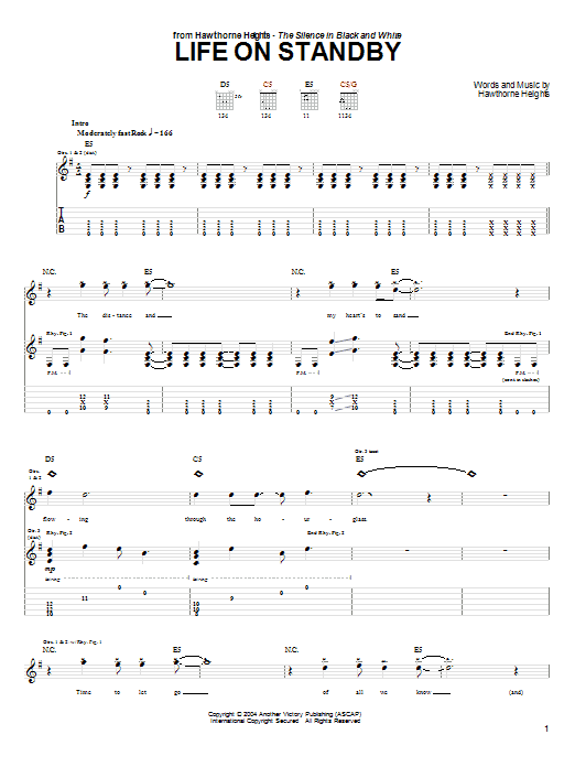 Hawthorne Heights Life On Standby sheet music notes and chords arranged for Guitar Tab