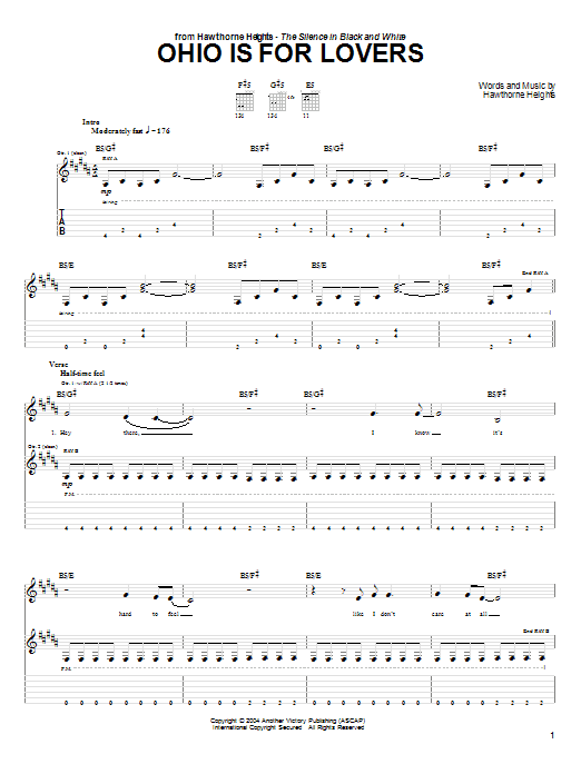Hawthorne Heights Ohio Is For Lovers sheet music notes and chords arranged for Guitar Tab