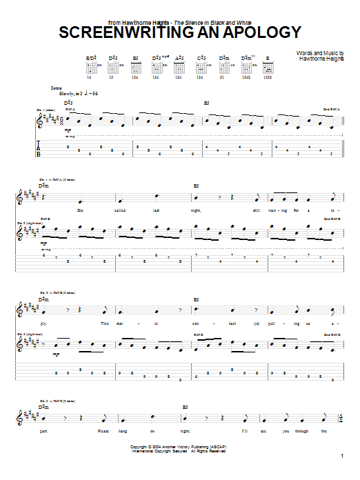 Hawthorne Heights Screenwriting An Apology sheet music notes and chords arranged for Guitar Tab