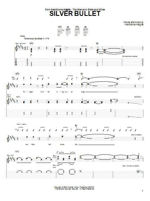 Hawthorne Heights Silver Bullet sheet music notes and chords arranged for Guitar Tab