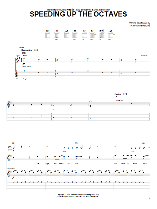 Hawthorne Heights Speeding Up The Octaves sheet music notes and chords arranged for Guitar Tab