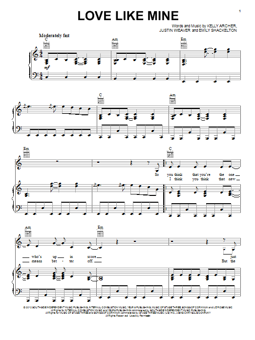 Hayden Panettiere Love Like Mine sheet music notes and chords arranged for Piano, Vocal & Guitar Chords (Right-Hand Melody)