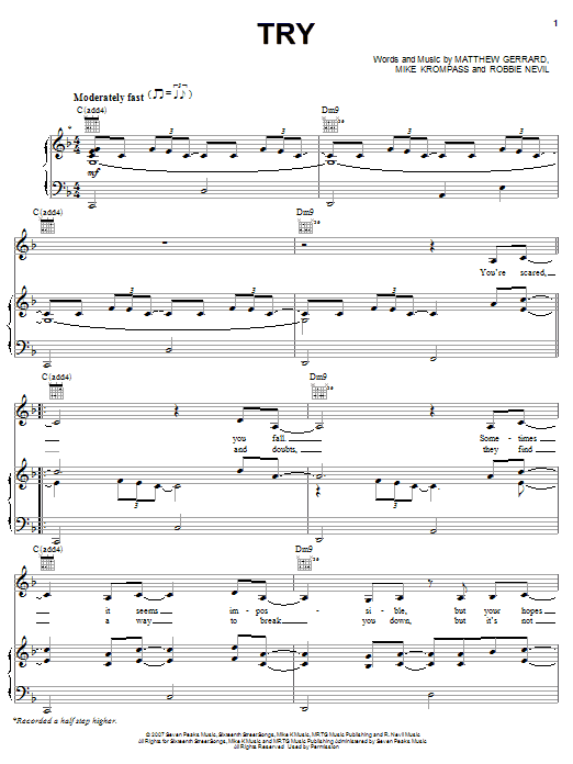 Hayden Panettiere Try sheet music notes and chords arranged for Piano, Vocal & Guitar Chords (Right-Hand Melody)