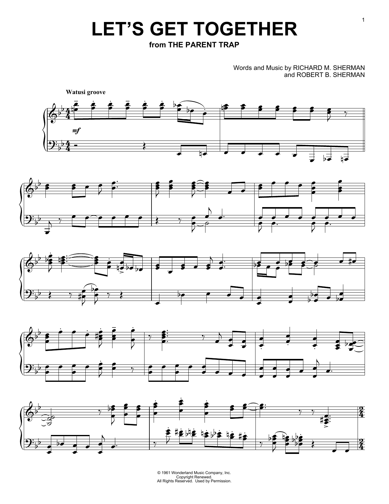 Hayley Mills Let's Get Together (from The Parent Trap) sheet music notes and chords arranged for Super Easy Piano