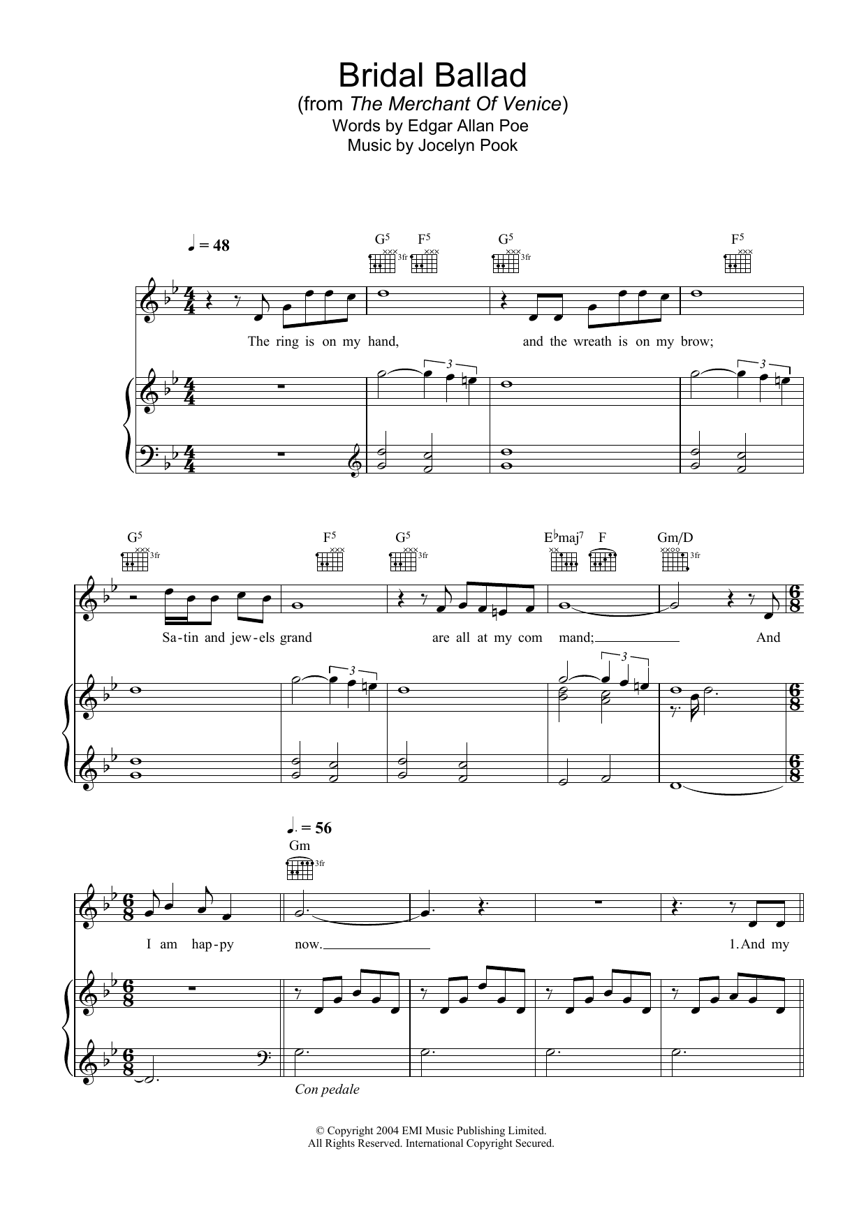 Hayley Westenra Bridal Ballad (from The Merchant Of Venice) sheet music notes and chords arranged for Piano, Vocal & Guitar Chords