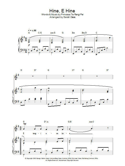 Hayley Westenra Hine, E Hine sheet music notes and chords arranged for Piano, Vocal & Guitar Chords