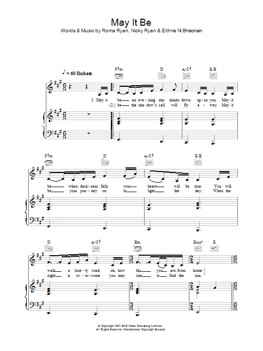 Hayley Westenra May It Be (from Lord Of The Rings: The Fellowship Of The Ring) sheet music notes and chords arranged for Piano, Vocal & Guitar Chords