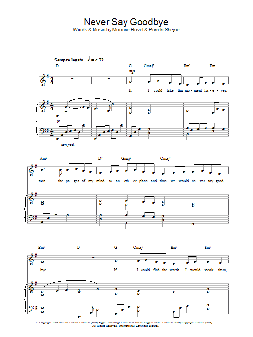 Hayley Westenra Never Say Goodbye sheet music notes and chords arranged for Piano, Vocal & Guitar Chords