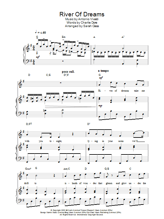 Hayley Westenra River Of Dreams sheet music notes and chords arranged for Piano, Vocal & Guitar Chords