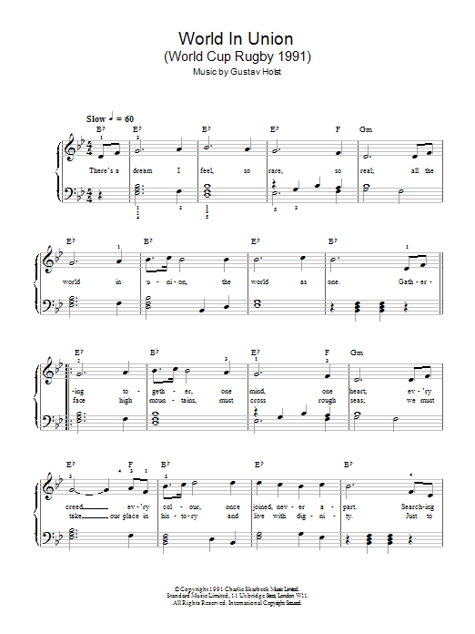 Hayley Westenra World In Union (World Cup Rugby 1991) sheet music notes and chords arranged for Piano & Vocal