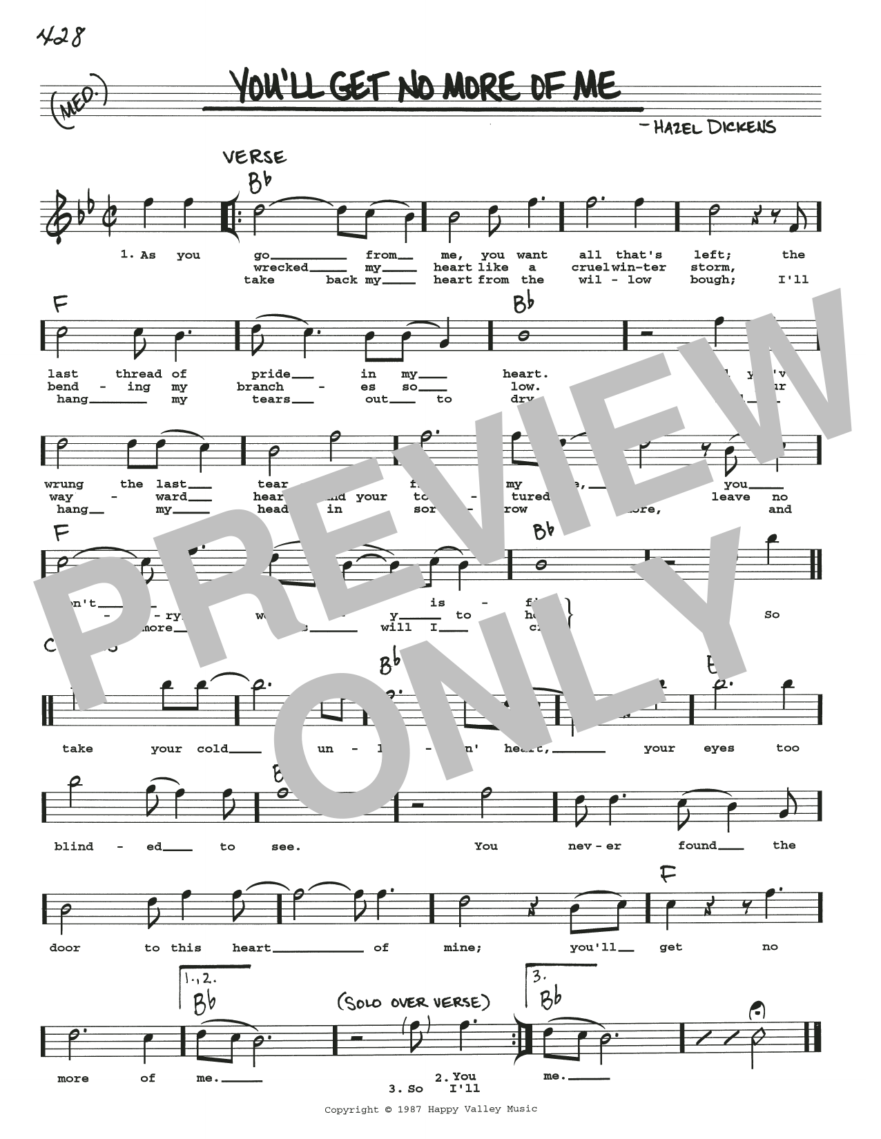 Hazel Dickens You'll Get No More Of Me sheet music notes and chords arranged for Real Book – Melody, Lyrics & Chords
