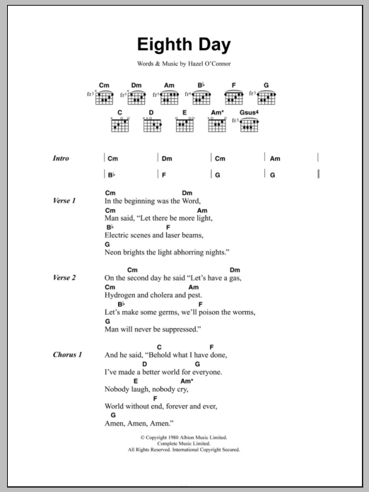 Hazel O'Connor Eighth Day sheet music notes and chords arranged for Guitar Chords/Lyrics
