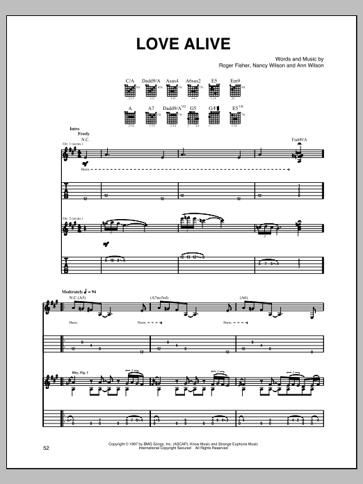 Heart Love Alive sheet music notes and chords arranged for Guitar Tab