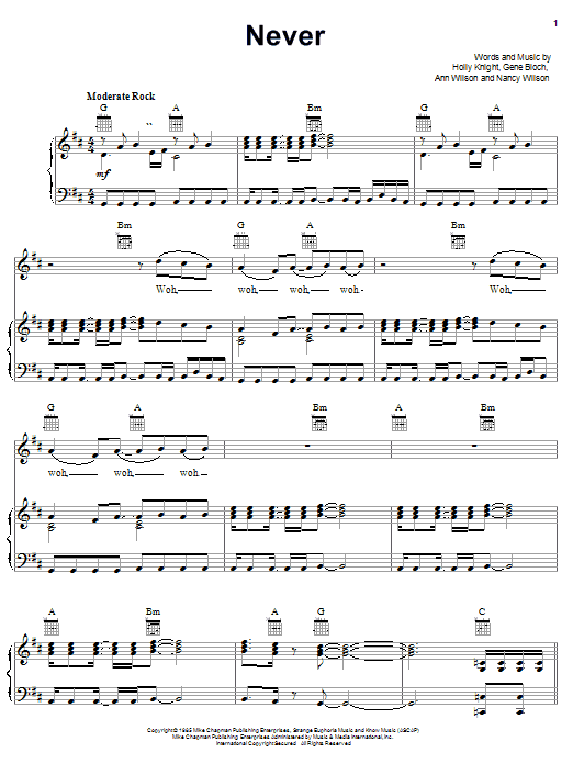 Heart Never sheet music notes and chords arranged for Piano, Vocal & Guitar Chords (Right-Hand Melody)