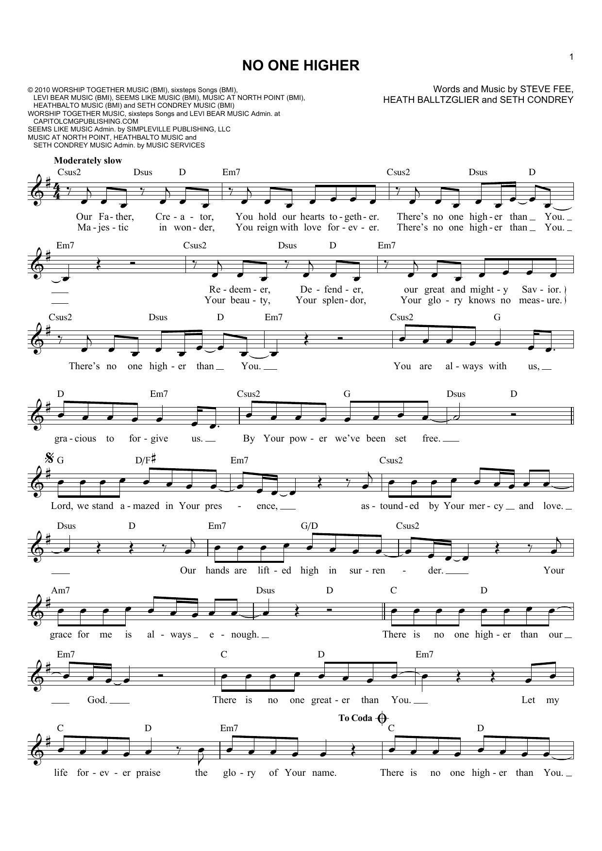 Heath Balltzglier No One Higher sheet music notes and chords arranged for Lead Sheet / Fake Book