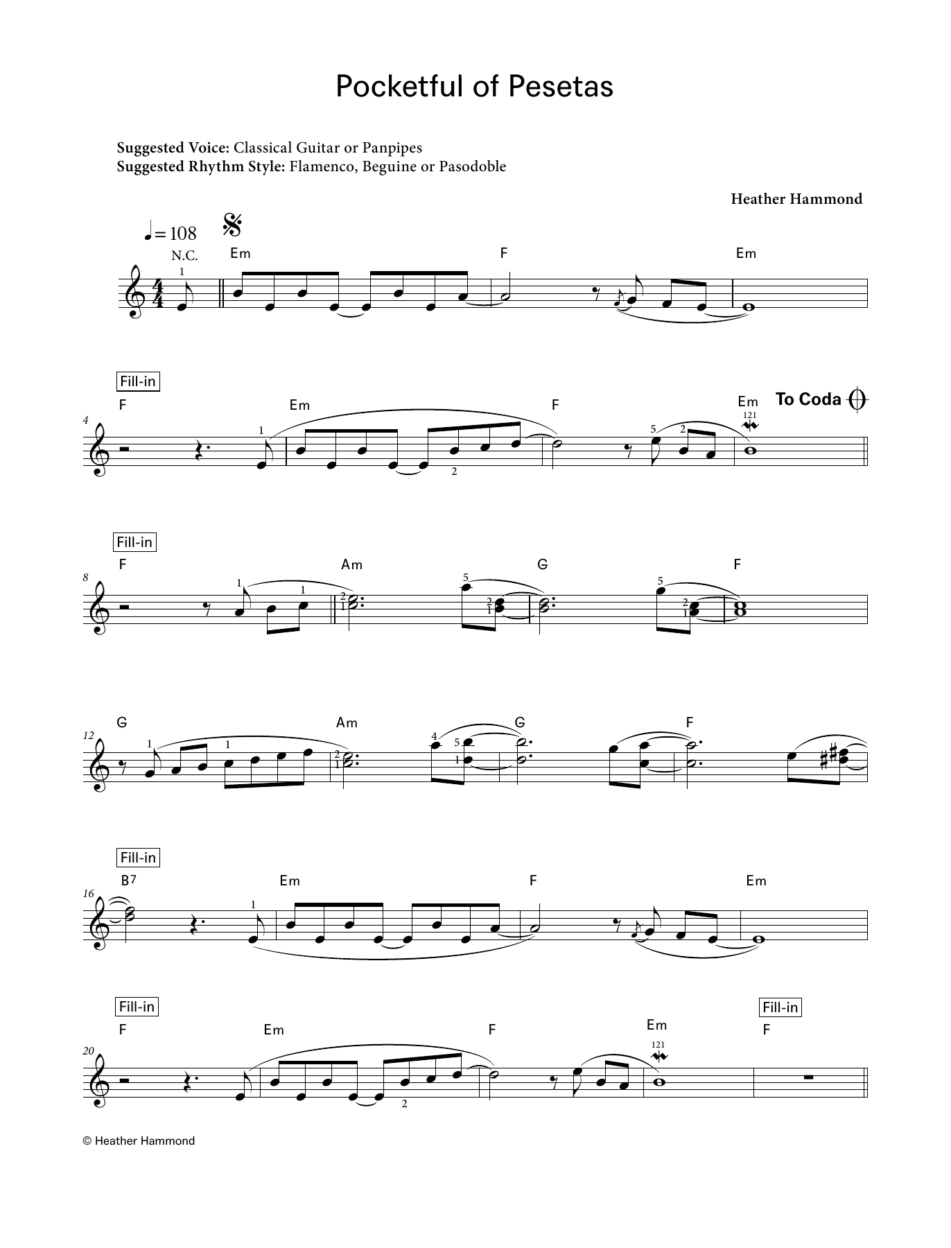 Heather Hammond Pocketful of Pesetas (LCME Electronic Keyboard Grade 4 List A) sheet music notes and chords arranged for Piano Solo