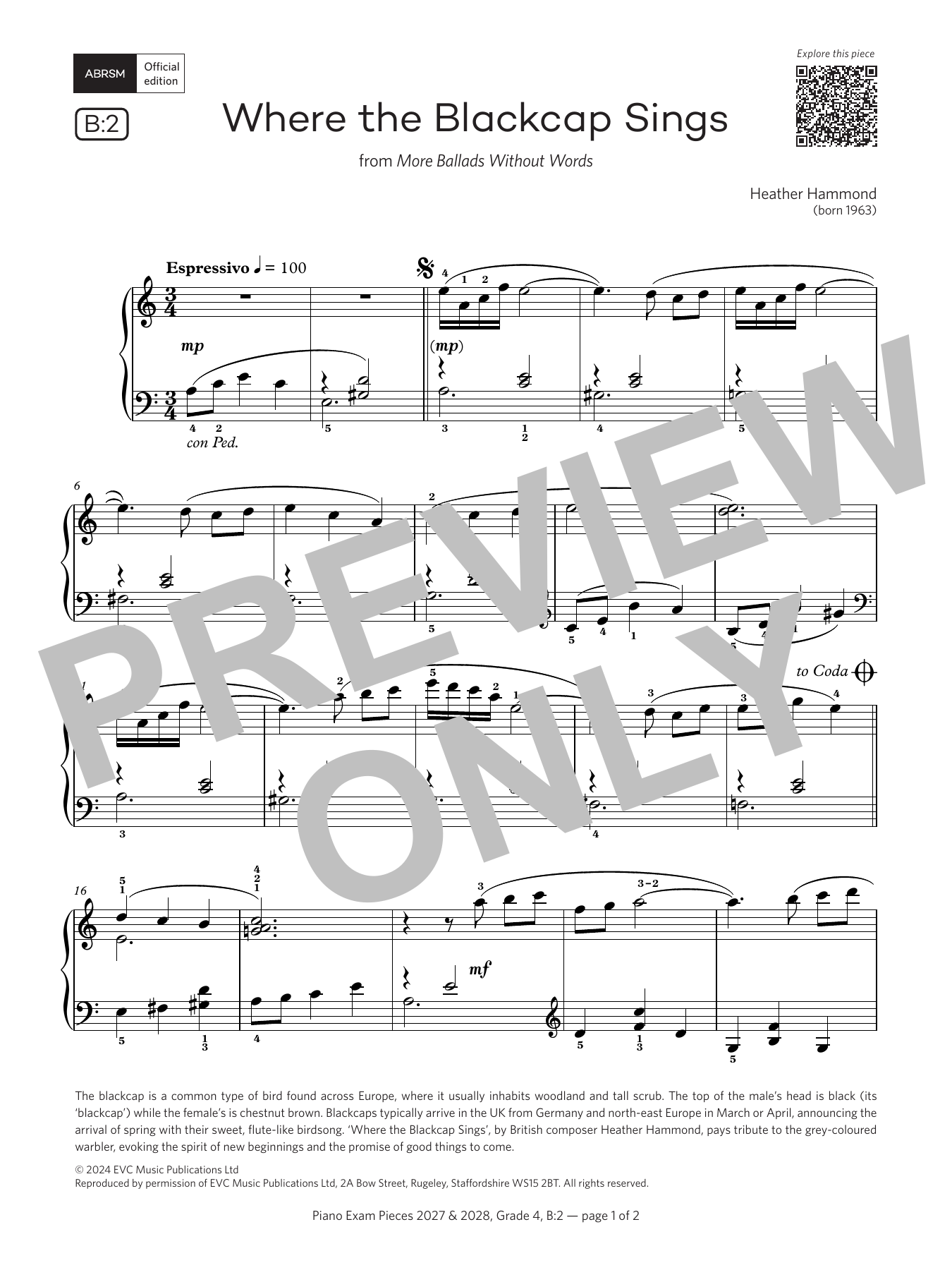 Heather Hammond Where the Blackcap Sings (Grade 4, list B2, from the ABRSM Piano Syllabus 2027 & 2028) sheet music notes and chords arranged for Piano Solo