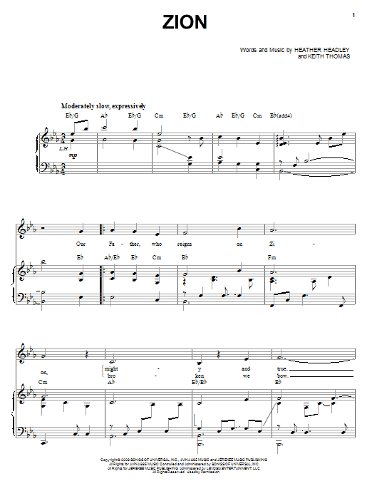 Heather Headley Zion sheet music notes and chords arranged for Piano, Vocal & Guitar Chords (Right-Hand Melody)