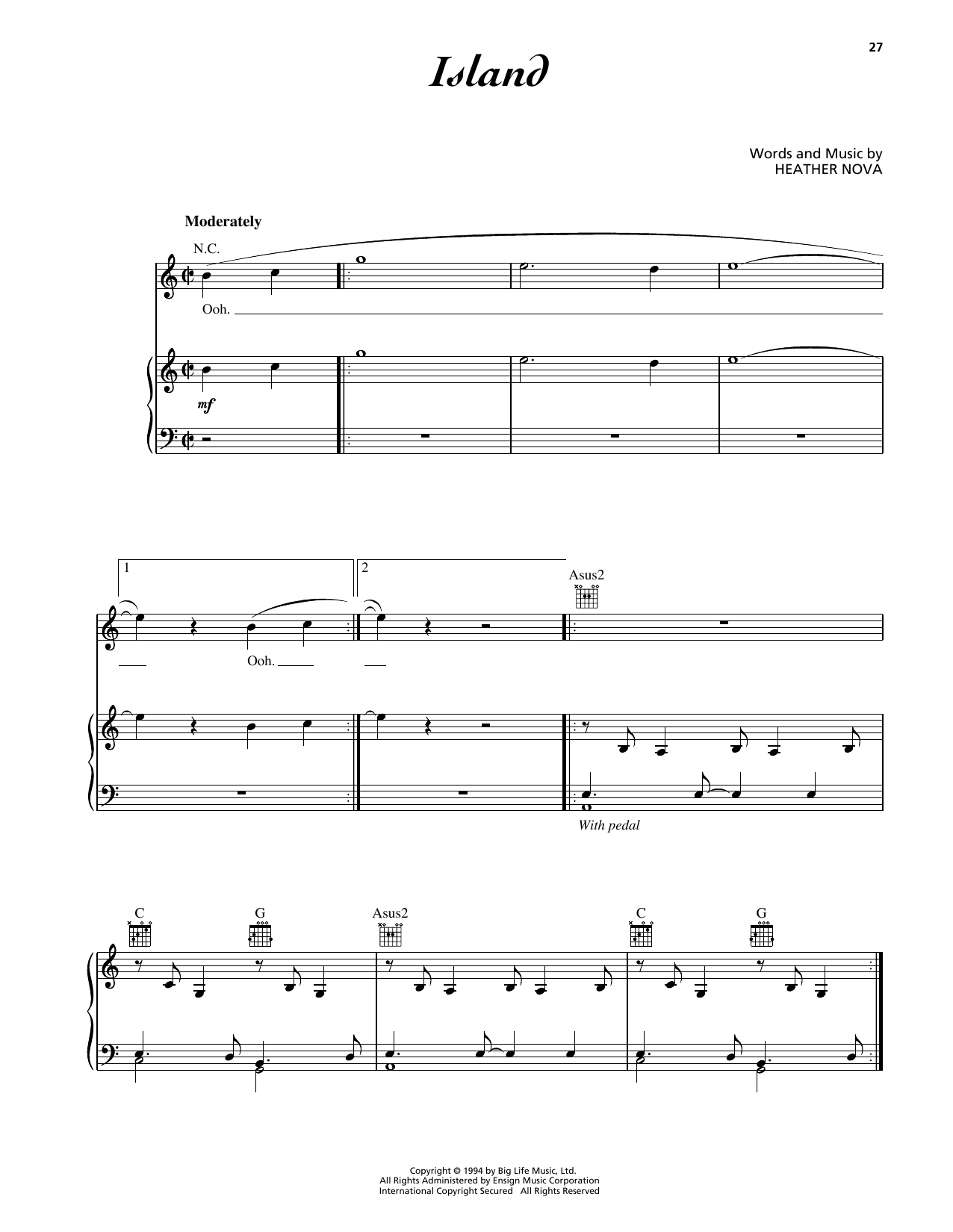 Heather Nova Island sheet music notes and chords arranged for Piano, Vocal & Guitar Chords (Right-Hand Melody)