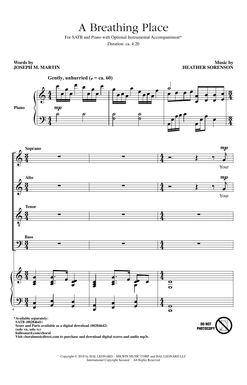 Heather Sorenson A Breathing Place sheet music notes and chords arranged for SATB Choir