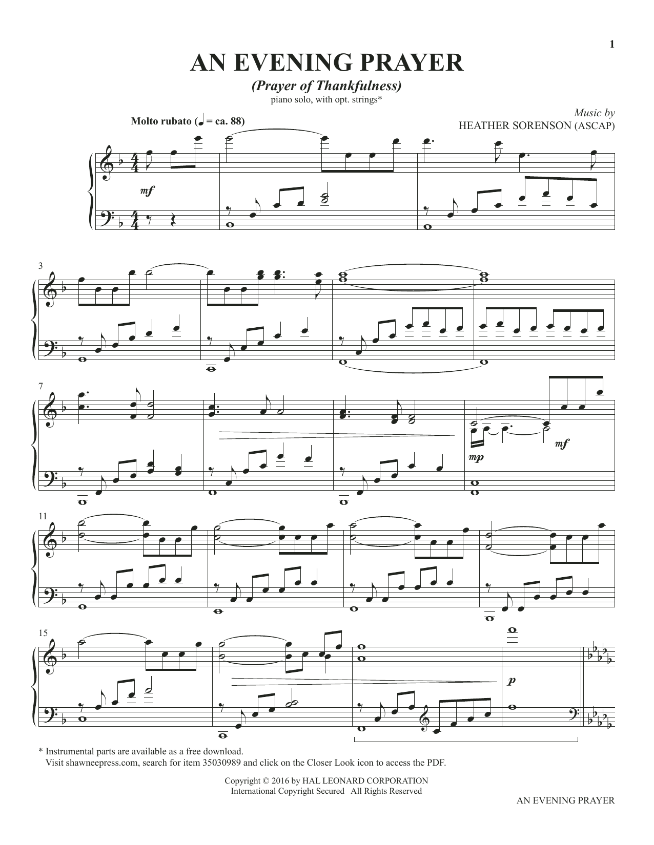 Heather Sorenson An Evening Prayer (from The Prayer Project) sheet music notes and chords arranged for Piano Solo