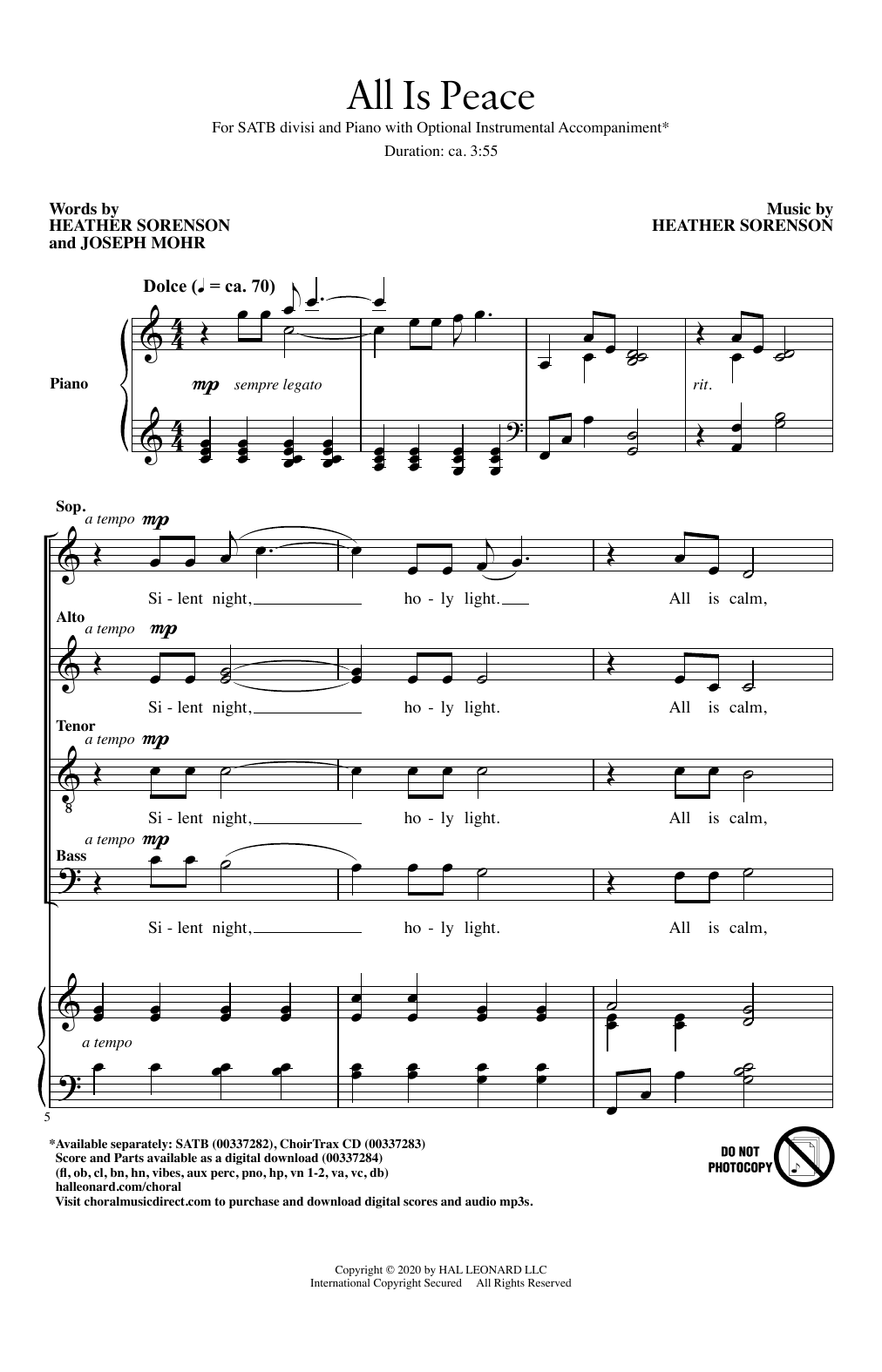 Heather Sorenson and Joseph Mohr All Is Peace sheet music notes and chords arranged for TTBB Choir